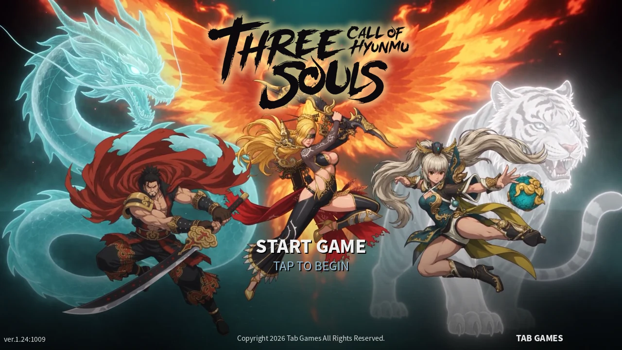 Three Souls: Call of Hyunmu title screen featuring three heroes and their guardian spirits